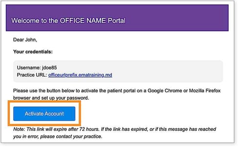A screenshot of the activation email received after signing up for the portal